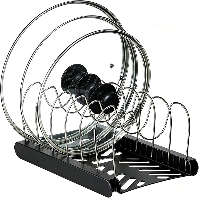 Pot Lids Organizer Rack,7 Adjustable Compartmentsfor Cabinet and Countertop,Kitchen Cabinet Organizer for Pots, Pans, Cake Molds, Cutting Boards, Mats, Cookware,Lids & Bakeware,Black