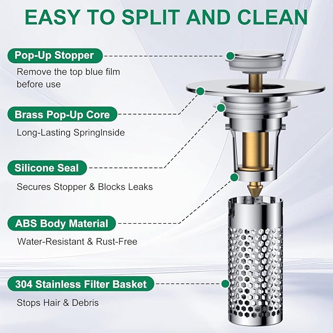 Bathroom Sink Drain Strainer,Pop-Up Sink Stopper Hair Catcher, Anti-Clog Stainless Steel Drain Filter Basket, Removable Sink Drain for Bathroom Sink Stopper Replacement (Silver-1)