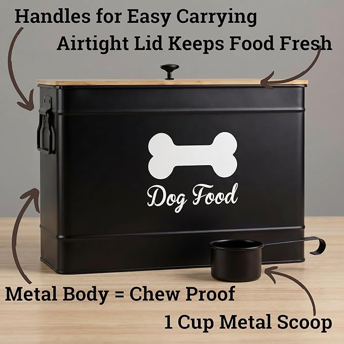 Dog Food Container Airtight 15-20 lb (70 Cup) Capacity with Metal Scoop - Cute Airtight Dog Food Storage Container with Bamboo Lid - Black Metal Kibble Storage Bin for Dogs up to 100 lbs - Big Pet Jar