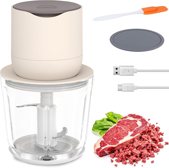600ml Glass Cordless Food Chopper, Wireless Food Processor with 3 Sharp Blades ＆ USB-C Rechargeable Battery Motor, Small Garlic Vegetable Chopper, Electric Meat Blender Grinder, Portable Mini Mixer