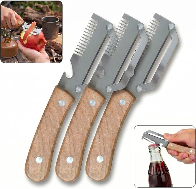 3 in 1 Multifunction Vegetable Peeler + Bottle Opener + Grater with Wooden Handle, Stainless Steel Hand Held Peeler for Potato, Pumpkin, Carrot, Fruit and Vegetable Peeler for Kitchen 3 Pcs