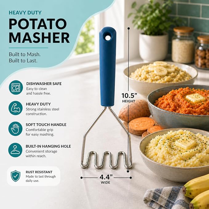 2pc Gift Set | Large Stainless Steel Meat Chopper & Potato Masher | 6-Blade Ground Beef Chopper Tool | Oversized Ergonomic Handle | Heat Resistant Grip | Dishwasher Safe (Lagoon Blue/Lagoon blue)