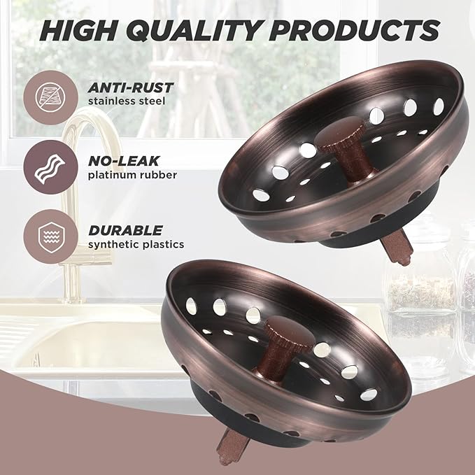 Retisee 2 Pcs Kitchen Sink Stopper Strainer Stainless Steel Drain Strainers for Universal 3-1/2 Inch Kitchen Sink Drain Replacement(Antique Copper)
