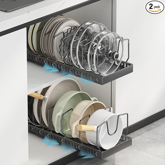 Pots and Pans Organizer Under Cabinet, Pull Out Pots and Pans Organizer, Under Cabinet Pot Lid Holder, Sliding type Pots and Pans Storage for Pot Lid, Bakeware, Dishes, 10 Adjustable Dividers