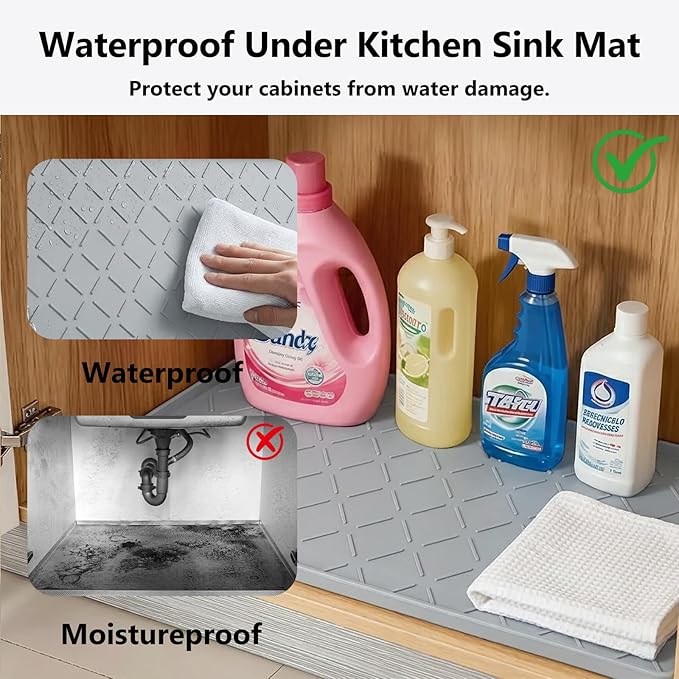 Mateeylife Under Sink Mats for Kitchen Waterproof 31"X22", Undersink Protectors，Silicone Mat Cabinet Liner, Under Sink Organizer for Bathroom and Kitchen，Boot Tray Pet Food Mat, Light Grey