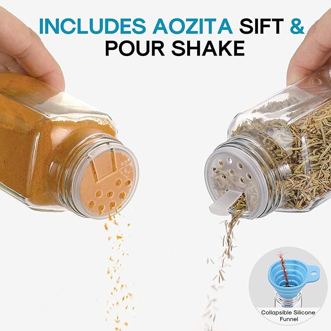 AOZITA 14 Pcs Glass Spice Jars with Black lids - 4oz Empty Square Spice Bottles and Spice Labels - Black Shaker Lids and Airtight Metal Caps - Silicone Collapsible Funnel Included