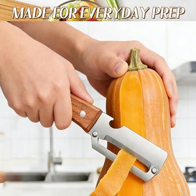 2 in 1 Multi Functional Vegetable Peeler for Kitchen，Vegetable Peeler with Wooden Handle and Bottle Opener, Stainless Steel Blade Kitchen Tool for Fruit Apple Carrot Potato Pumpkin Papaya(2PCS)