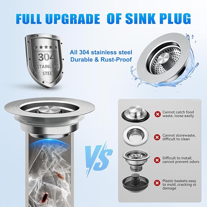 Kitchen Sink Drain Strainer 3-in-1,Pop-Up Stopper & Anti-Clogging Basket - 304 Stainless Steel Sink Strainer Anti-Clogging Sink Drain Strainer for US Standard Kitchen Drain