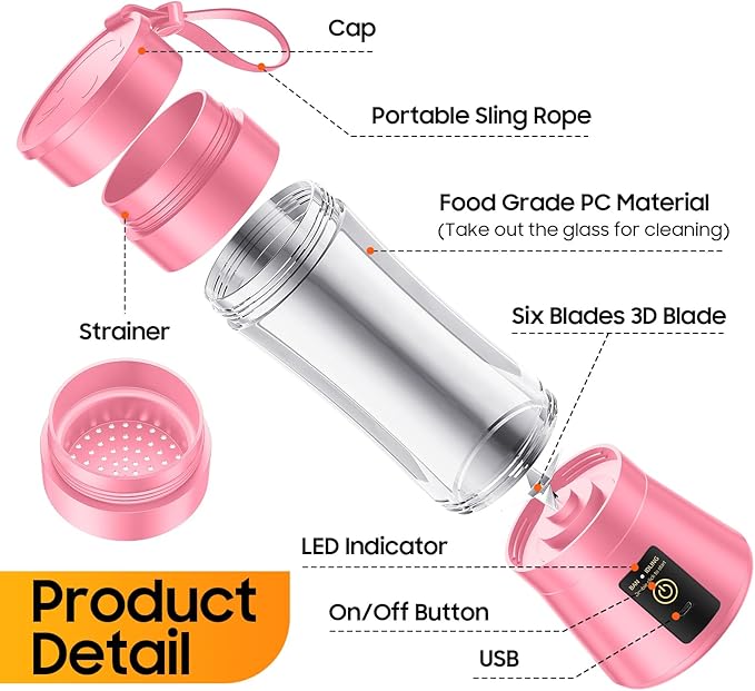 Cordless Portable Personal Size Blender - 12 Oz Mini Blender Make Smoothies and Shakes, Cordless Lightweight Rechargeable, Freshly Squeezed in Picnic/Sports/Office