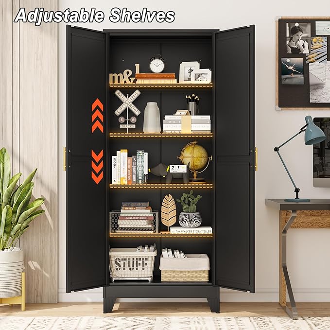 winiowa Metal Pantry Cabinet with 2 Doors and Adjustable Shelves - 71" Kitchen Storage Cabinet with Gold Handles - Versatile Storage for Kitchen, Bathroom, Dining Room, Utility Room - Black