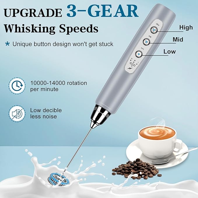 BSRGMS Milk Frother Handheld for Coffee, Electric Whisk 3 Speed Adjustable, Drink Mixer with Stainless 3 Whisks, Rechargeable Hand Frother Wand, for Latte Cappuccino Hot Chocolate Egg Cement Gray