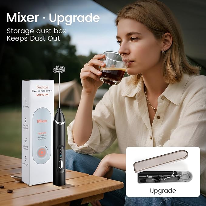 Handheld Milk Frother with Travel Case - Portable USB Rechargeable Mini Whisk for Coffee, Latte. Includes 3 whisks, storage, perfect for frothing milk, beating eggs, and blending drinks.
