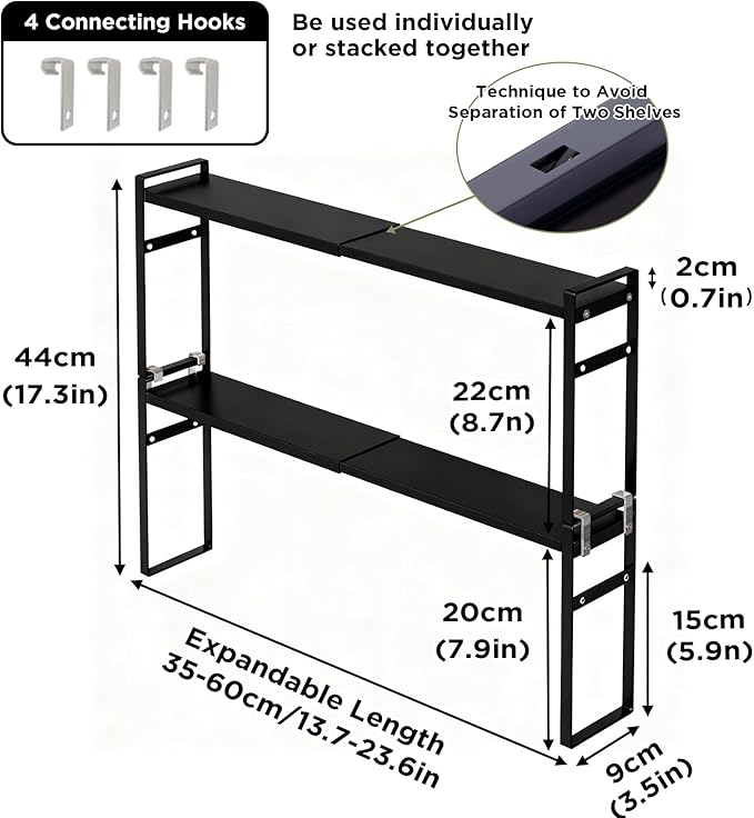 2 Tier Expandable Stackable Narrow Shelf Organizer, Tall Countertop Organizer for Tight Spaces, Windowsill Plant Stand, Over-Sink/Faucet Shelf, Kitchen Storage, Bathroom Vanity, Laundry Room (Black)