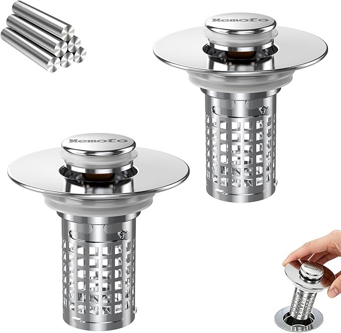 Bathroom Sink Stopper, Stainless Steel Pop-up Sink Stopper Hair Catcher with Removable Basket (2PCS)