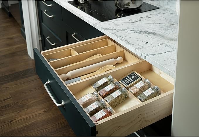 Rev-A-Shelf 3-Tier Wood Trim-to-Custom-Fit Spice Rack Drawer Insert, 16" x 19.75", Maple - Drop-In Seasoning Jars Storage Tray Organizer for Kitchen Cabinet and Pantry Organization, 4SDI-18