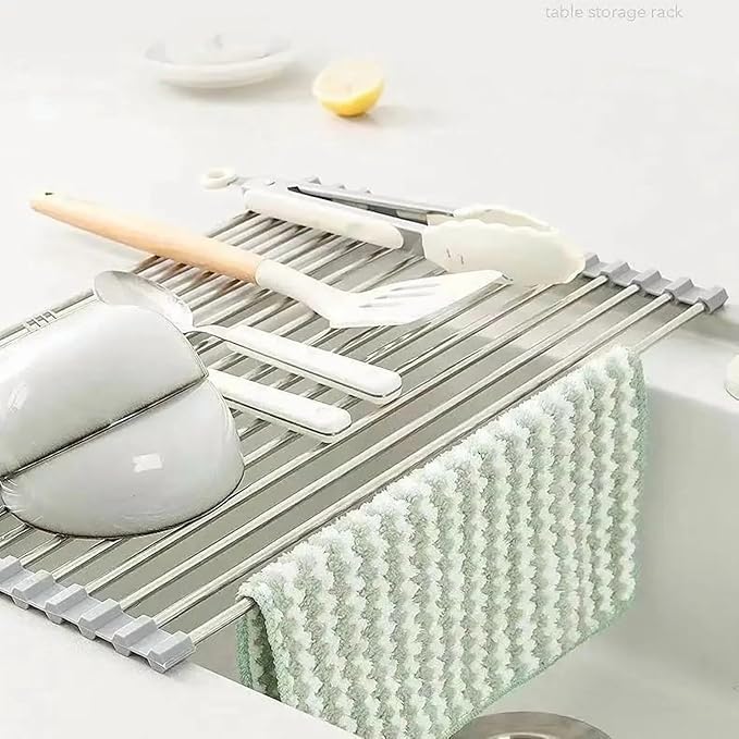 Over-The-Sink Roll Up Dish Drying Rack, 18.5" x 13.5" Foldable Stainless Steel Dish Drainer Mat, Sink Cover & Heat-Resistant Kitchen Organizer (Grey)
