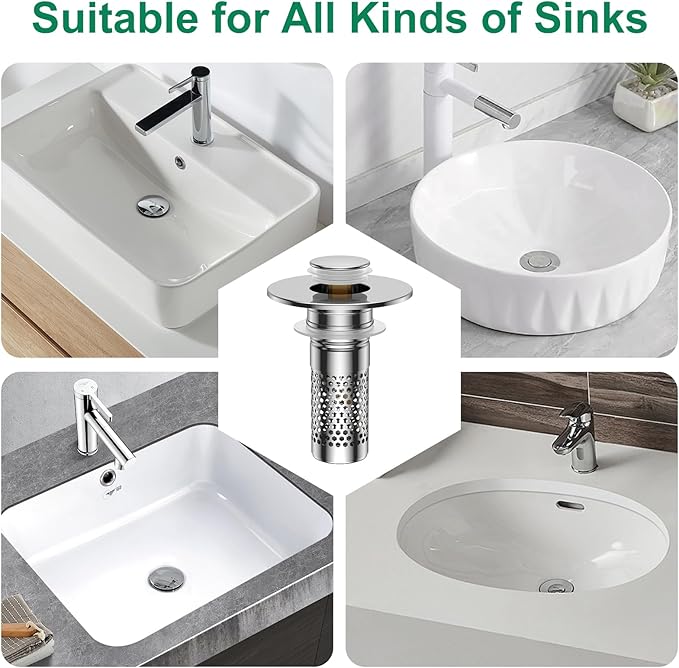 Bathroom Sink Drain Strainer,Universal Pop-Up Sink Stopper Hair Catcher, Anti-Clog Stainless Steel Drain Filter Basket, Removable Sink Drain for Bathroom Sink Stopper