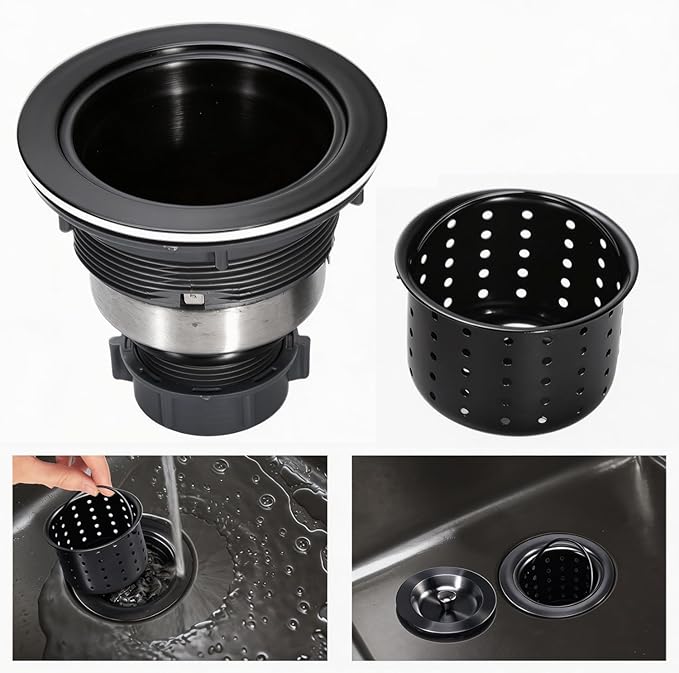 Kitchen Sink Drain 3-1/2 Inch Black Sink Drain Assembly Kit, Removable Deep Sink Strainer Basket with Sink Stopper/Sealing Lid for Home, Kitchen, Stainless Steel