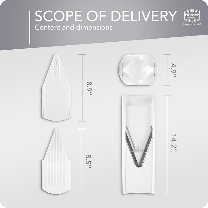 Börner Mandoline Slicer V1 (Basis Set) • V-Slicer with 2 Inserts & Fruit Holder • Adjustable Kitchen Slicer for Vegetables & Fruits • Vegetable Cutter • 3 Thickness Settings • Color: White
