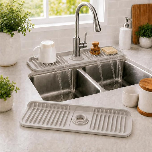17.7" Silicone Faucet Mat for Kitchen Sink,7° Draining Mat with Snap Button Lock,Faucet Splash Guard and Sink Counter Organizer,Trim-to-Fit Kitchen Faucet Protector for Sponge Brush Cup