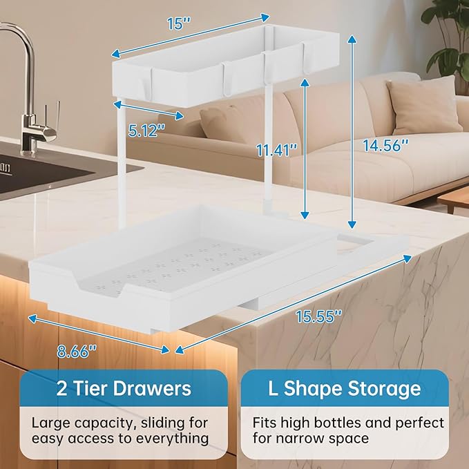 NATURE'S SOURCE Under Sink Organizers, Sliding L-shape Cabinet Organizers Narrow Space Storage Multi-purpose Sink Organizer Baskets with 4 Hook for Bathroom Kitchen Drawer (White, 1 pack)
