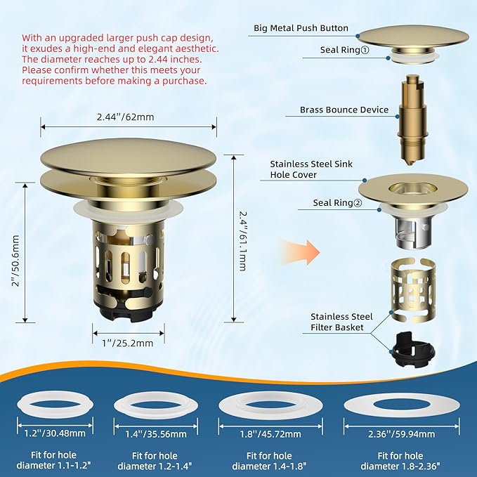 Hibbent Upgraded 3 in 1 Bathroom Sink Drain Strainer, Pop Up Sink Stopper with Big Push Cap, Anti-Clogging Metal Filter Basket,Sink Plug with Hair Catcher for 1.1''~2.36'' Basin, Brushed Gold