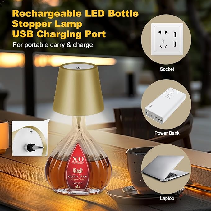 Wireless Bottle Lamp, 2024 New 3 Color Rechargeable Wine Bottle Lights for Bars Restaurants (Yellow, 1PC)