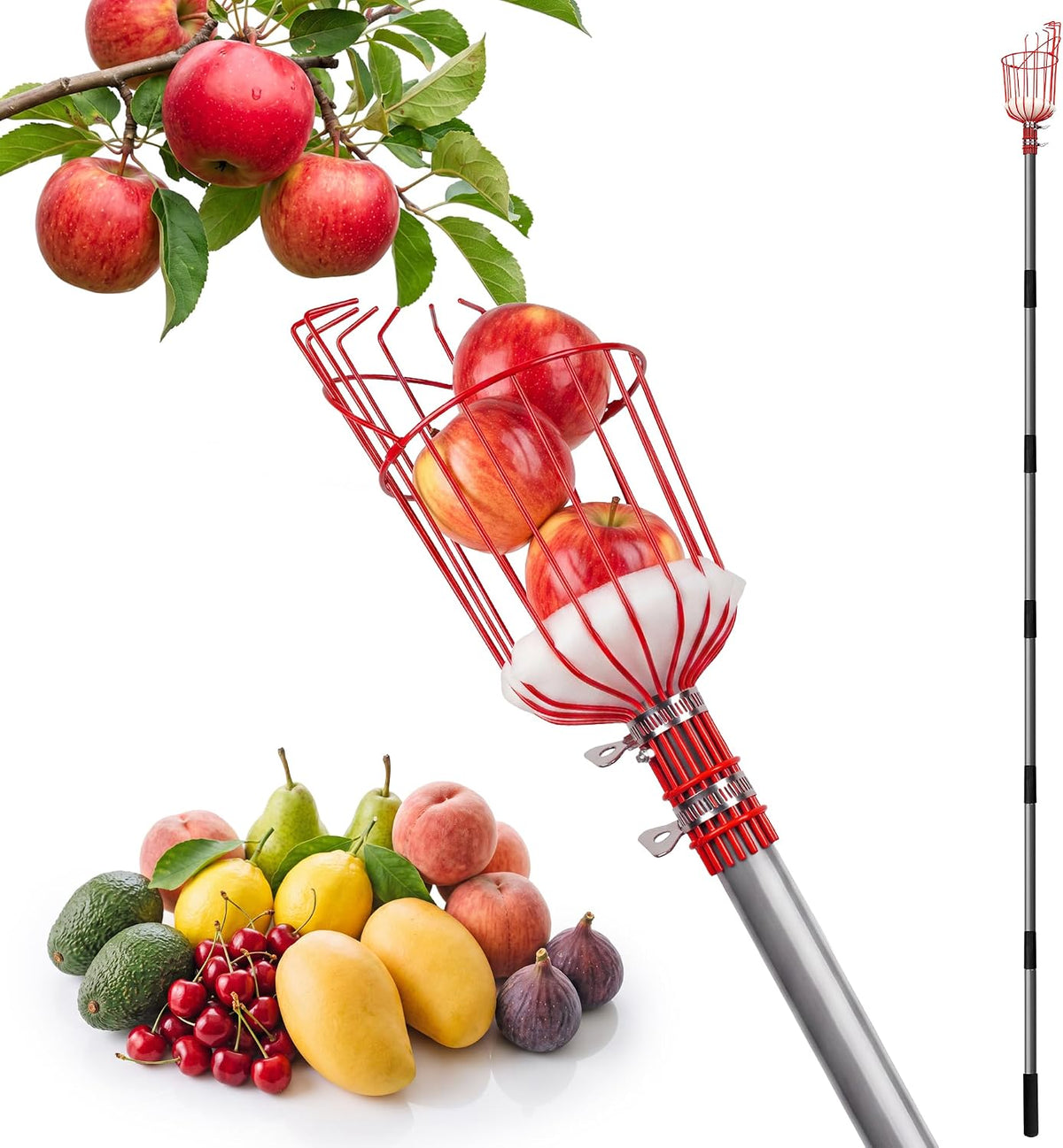 8FT Fruit Picker Tool, 35-95" Adjustable Pole with Basket