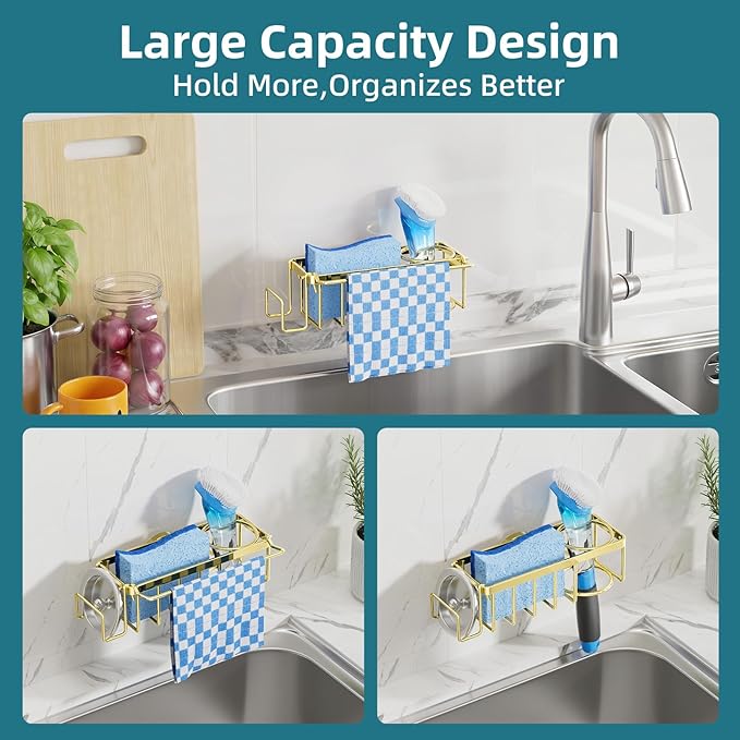 TAILI 4-in-1 Sink Caddy with Strong Suction Cup, Sponge Holder for Kitchen Sink Organizer, Removable, Rustproof, Stainless Steel Holder for Sponge, Brush, Scrubber, Scraper - Gold