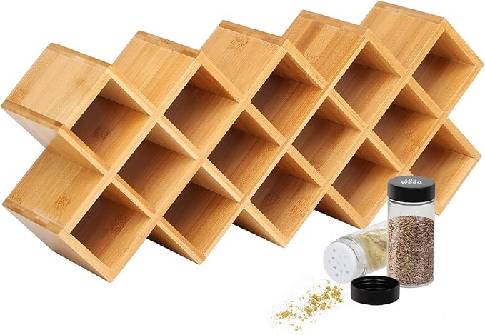 Criss-Cross 18-Jar Bamboo Countertop Spice Rack Organizer, Kitchen Cabinet Cupboard Wall Mount Door Spice Storage, Fit for Round and Square Spice Bottles, Free Standing for Counter, Cabinet or Drawers