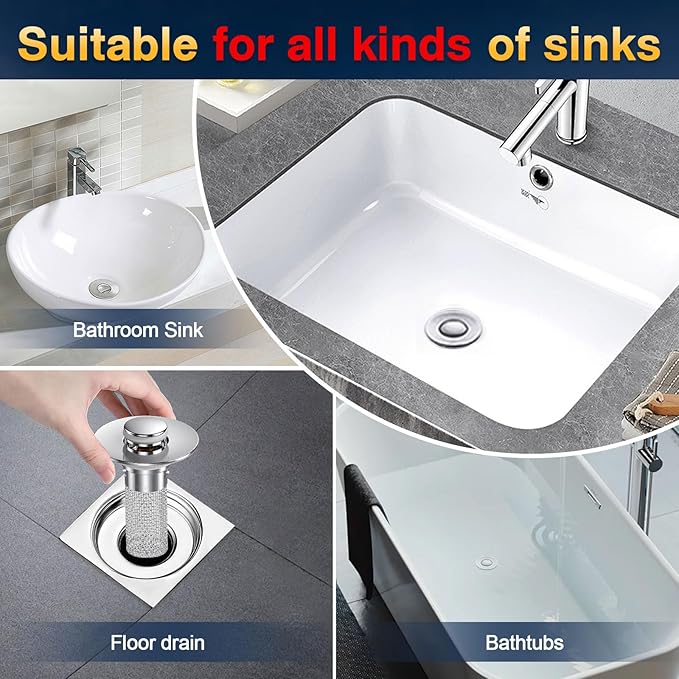 Bathroom Sink Drain Strainer, Pop Up Sink Drain Filter with Removable Stainless Steel Filter Basket Hair Catcher, Bathroom Sink Drain Stopper, for Us Bathroom Sink Stopper Replacement (2pcs)