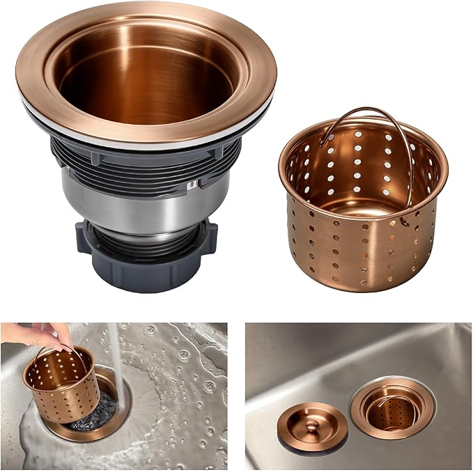 KONE 3/1-2 Inch Sink Drain Assembly Antique Copper Kitchen Sink Drain Kit Copper Stainless Steel Sink Basket Strainer Rubber Stopper, Sealing Lid/Removable Deep Waste Basket for Home, Kitchen