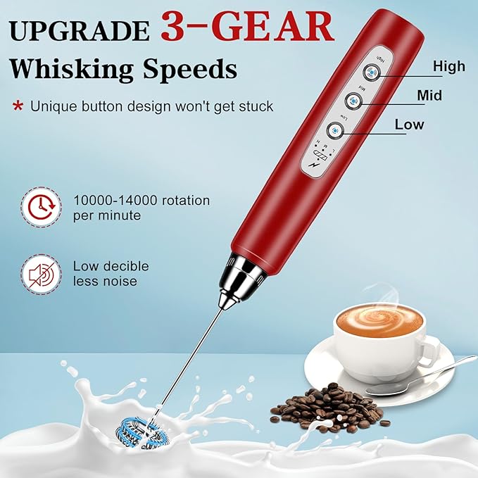 Milk Frother Handheld with Stand, Electric Whisk 3 Speed Adjustable, Drink Mixer with Stainless 3 Whisk, Rechargeable Hand Frother Wand, Foam Maker for Latte Cappuccino Hot Chocolate Egg Red