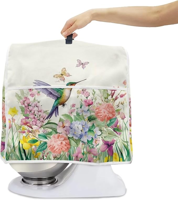 Spring Hummingbird Mixer Cover | Lightweight Dust Protector with Handle & Pockets | Compatible with 4.5-5 Quart Coffee Makers & Kitchen Mixers