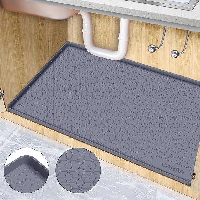 Under Sink Mat, 34" x 22" Waterproof Silicone Under Sink Tray for Kitchen & Laundry Cabinets, Kitchen Cabinet Shelf Protector