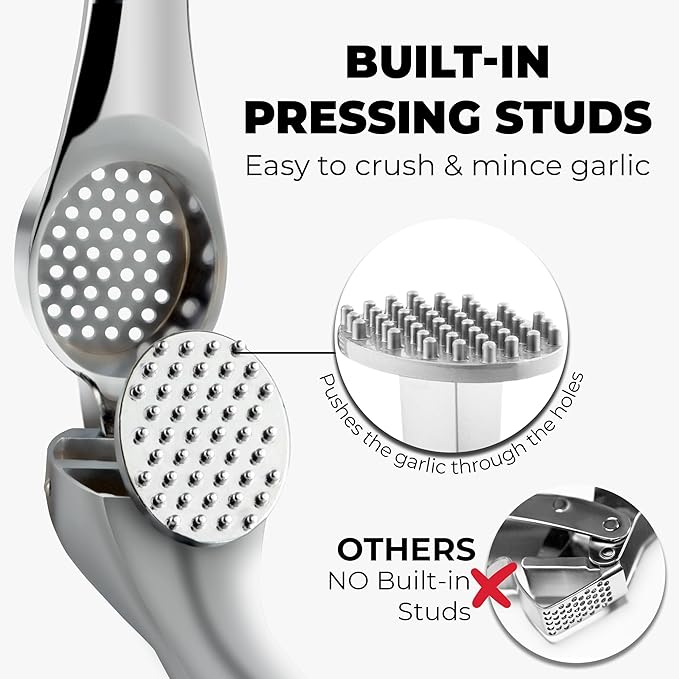 Zulay Kitchen Premium Garlic Press Set – Rust Proof & Dishwasher Safe Garlic Mincer Tool with Silicone Garlic Peeler & Brush, Easy Squeeze & Clean, Ergonomic Soft Grip Handle - Medium – Chrome