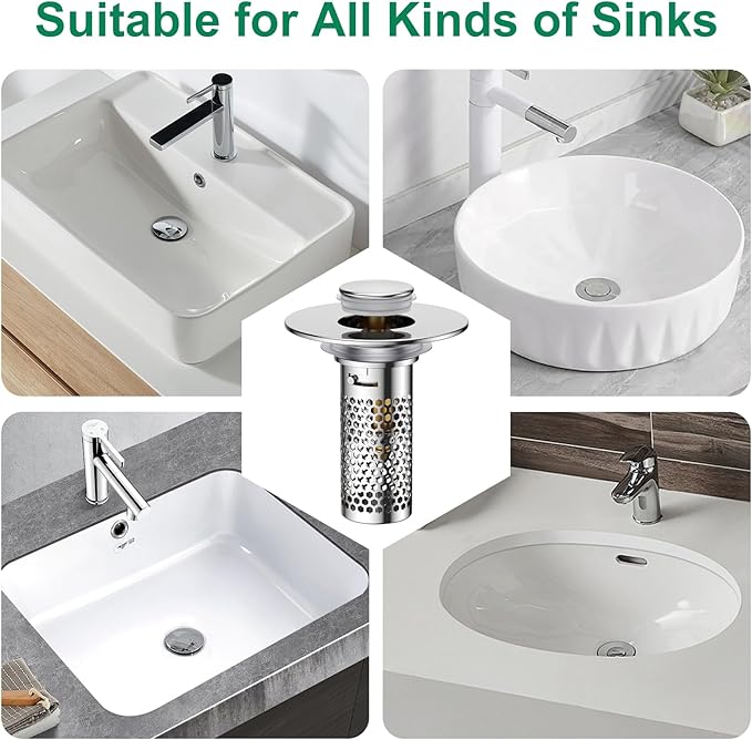 Bathroom Sink Drain Strainer,Pop-Up Sink Stopper Hair Catcher, Anti-Clog Stainless Steel Drain Filter Basket, Removable Sink Drain for Bathroom Sink Stopper Replacement (Silver-1)