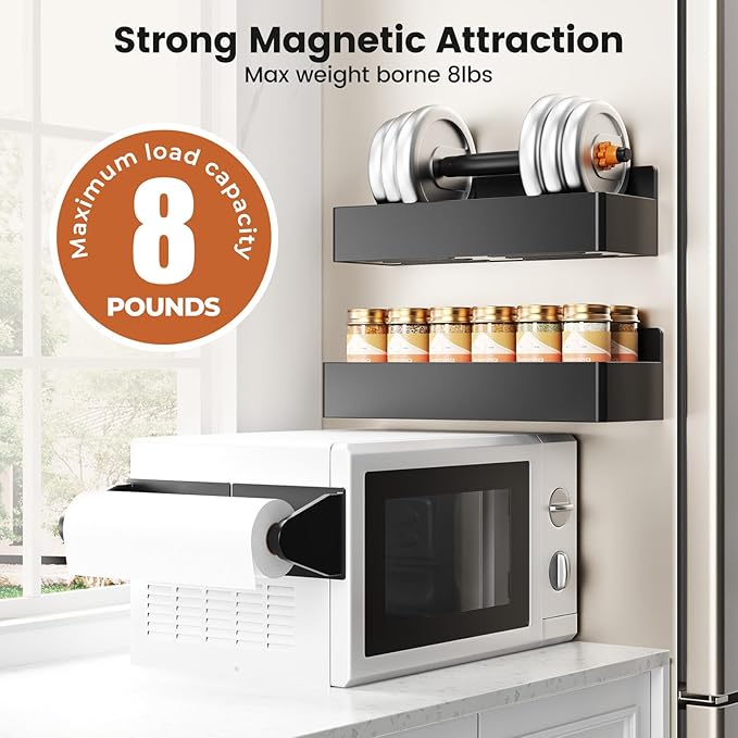 Magnetic Spice Rack for Refrigerator,4 Pack Magnetic Shelf,Fridge Magnet Organizer with Paper Towel Holder and Utensils Racks,Fridge Organizers and Storage Black(4 Pack)