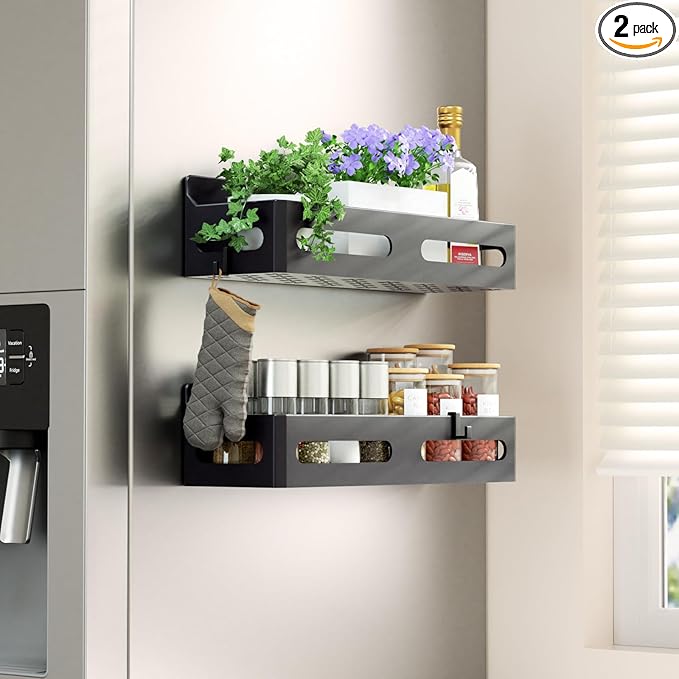 Sevenblue 2 Pack Strong Magnetic Spice Rack for Refrigerator, Multipurpose Magnetic Shelf for Fridge with 4 Hooks for kitchen and Bathroom Organization, Black