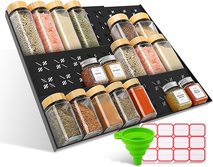 Adjustable 3-Tier Drawer Spice Organizer – Thick Plastic, Non-Slip, Fits 11"-22" Kitchen Drawers, Includes Labels & Funnel (No Jars)