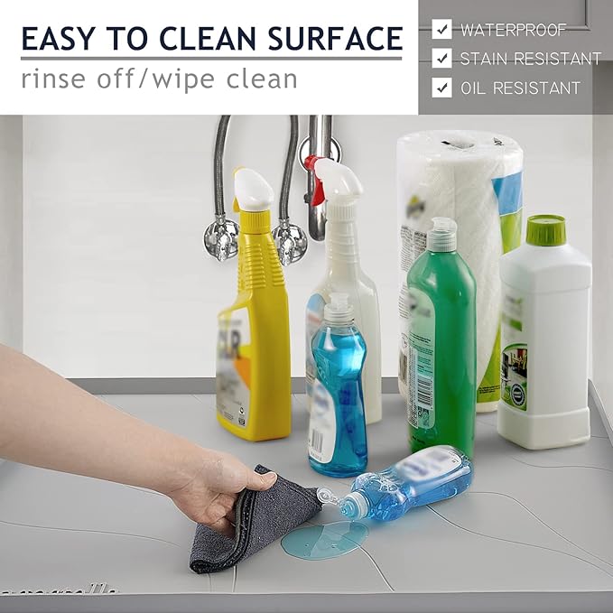 Heavy Duty Silicone Under Sink Mats for Kitchen Waterproof 37" x 19", Extra Thick Under Sink Rubber Mat Drip Tray, Raised Edge Under Sink Liner,Prevent Drips, Leaks, Spills,Grey