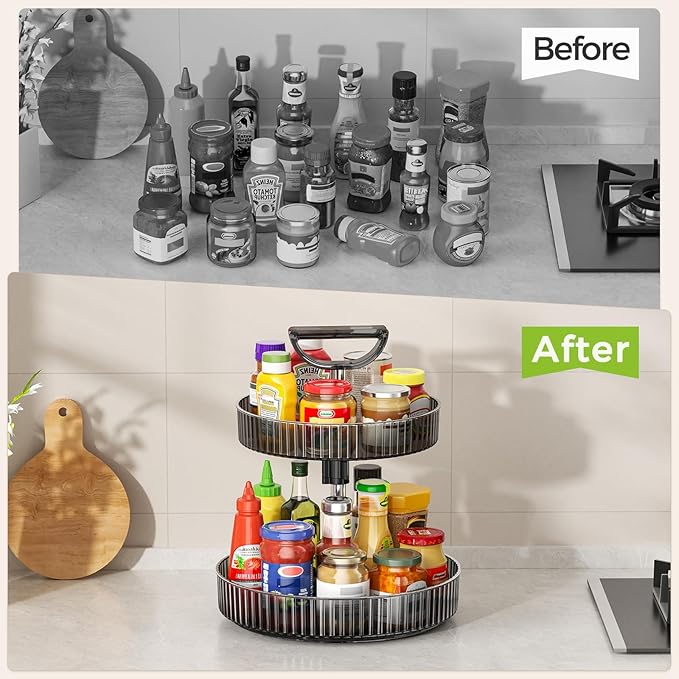 Lazy Susan Organizer – 2 Tier Rotating Spice Rack Turntable, 11.4" Plastic Spinning Organizer for Kitchen Cabinet Pantry Countertop Cupboard Bathroom Storage