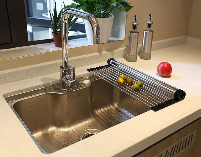 Ahyuan Corner Sink Dish Drainer over the Sink Dish Drying Rack Corner Dish Rack SUS304 Cubic Stainless Still Kitchen Sponge Holder Corner Sink Sponge Caddy Dish Rack (Matte Black)