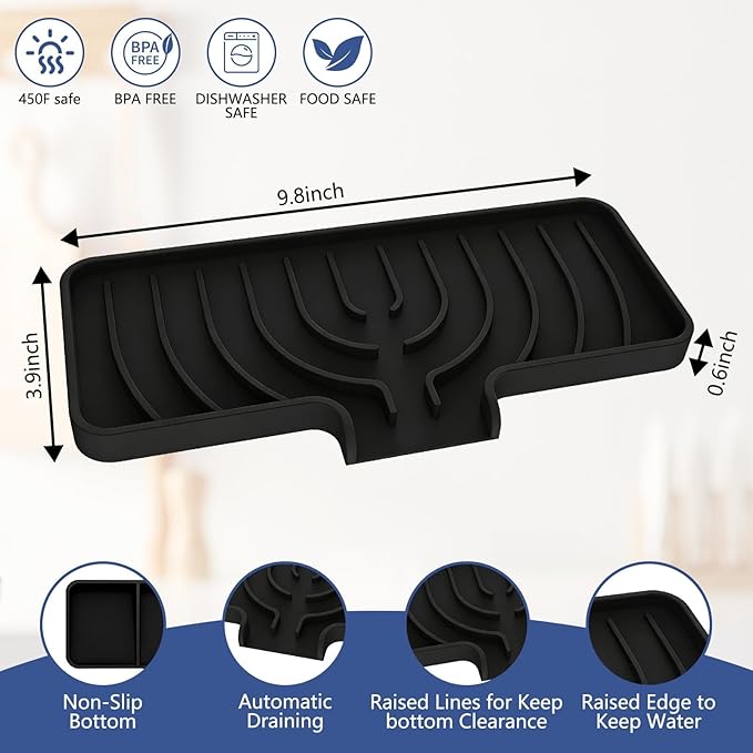 Silicone Sponge Holder for Kitchen Sink With Drain Spout, Self Draining, Kitchen Soap Tray, Bathroom Organizer, Sink Caddy (Black, 10×4)