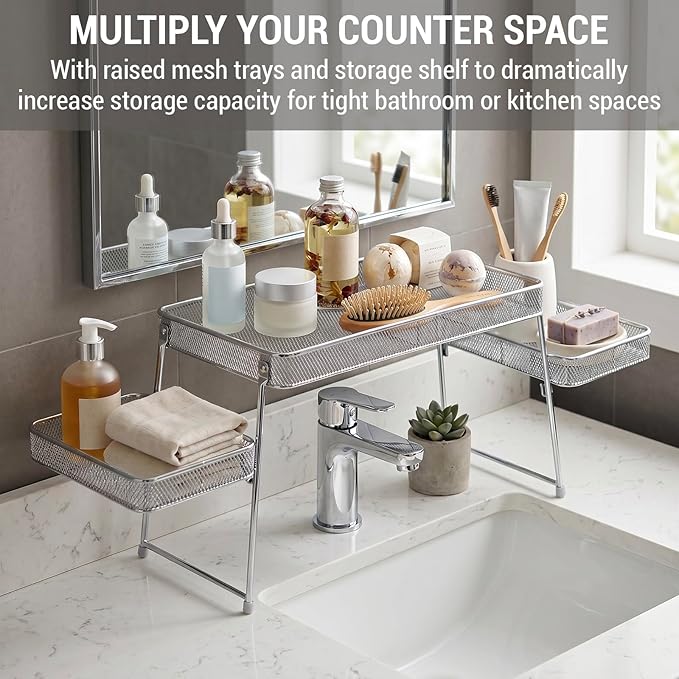 MyGift Chrome Plated Metal Over the Sink Organizer Shelf Rack, 3 Tiered Bathroom or Kitchen Sink Storage Display Caddy