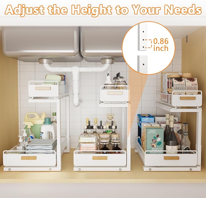 2 Pack Under Sink Organizer with Ball Bearing Sliding Drawer, Heavy Duty Pull Out Cabinet Organizer, 2 Tier Adjustable Storage Rack for Kitchen Bathroom, Space Saving Design, White