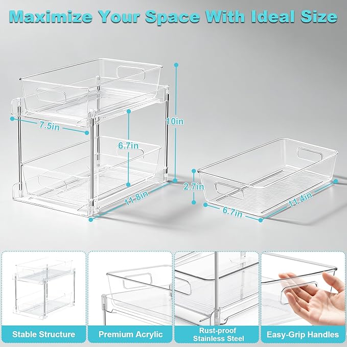 2 Tier Under Sink Organizer Bathroom Organizers and Storage, Clear Stackable Bathroom Cabinet Organizer, Multipurpose Pull-Out Home Organizer for Kitchen and Pantry Storage 4 Pack