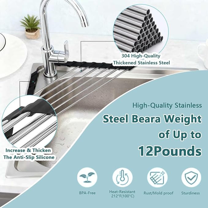 Credon Triangle Roll Up Dish Drying Rack, Foldable Multipurpose Corner Sink Caddy, Stainless Steel Anti Slip and Rust Proof Kitchen Sink Drainer Organizer, Small Space Solutions (Black)