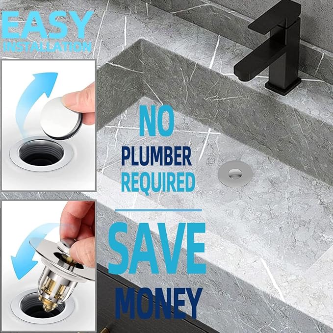 Universal 2 in 1 Bathroom Sink Stopper, Pop Up Bathroom Sink Drain Strainer with Anti-Clogging Filter Basket, Bathroom Drain Stopper Sink Plug for 1.06"-1.65" Basin Drain Holes, Brushed Nickel