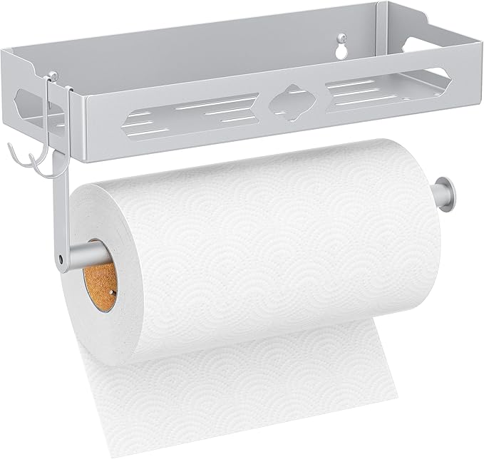Paper Towel Holder Wall Mount, MAYZOLOP Easy One-Hand Tear Design Paper Towel Holder with 2 Hooks, Fits Kitchen, RV, Bathroom, Self-Adhesive or Drilling Installation, Silver